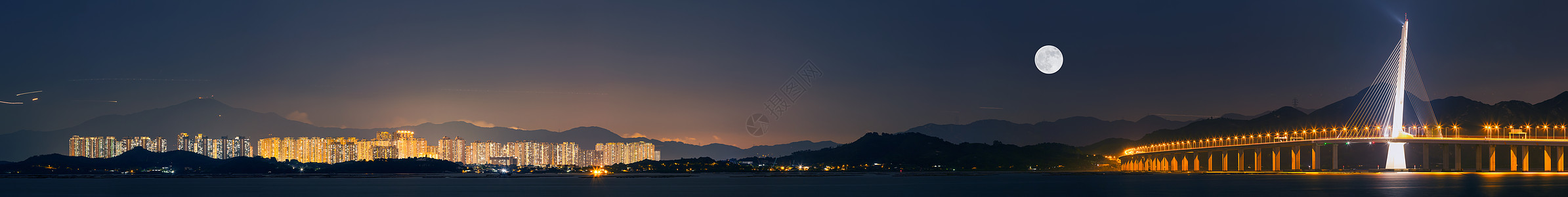 港湾夜景深圳湾跨海大桥城市风光夜景全景图背景