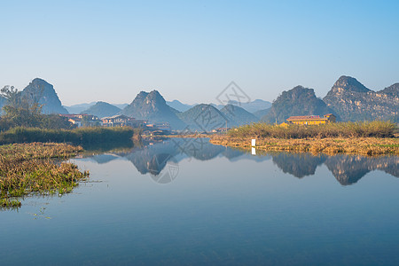 云南普者黑风景普者黑晨雾背景