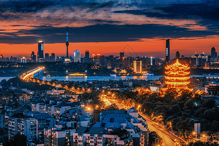 江边城市武汉黄昏火烧云长江大桥黄鹤楼背景