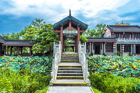 梦幻荷塘城市中国风古建筑亭台背景背景