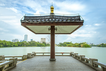 一体两翼城市中国风古建筑对称小凉亭背景