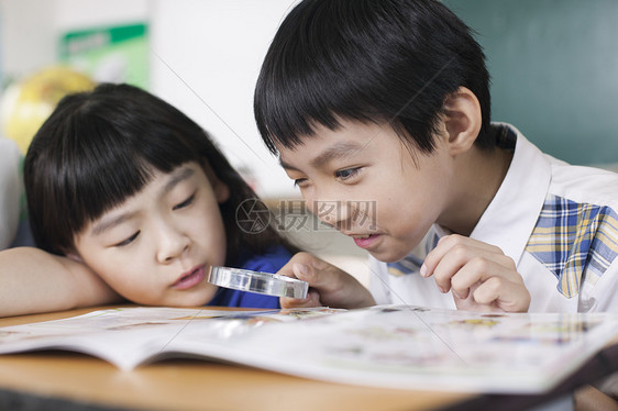 小学生同学在教室里一起研究学习图片