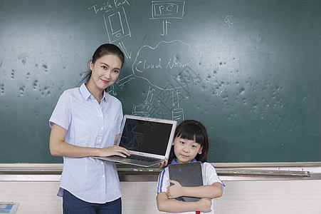 女老师和女同学在学校用电子产品上课图片