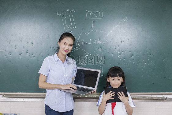 女老师和女同学在学校用电子产品上课图片