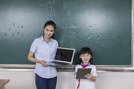 女老师和女同学在学校用电子产品上课图片