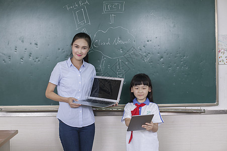 远程教育女老师和女同学在学校用电子产品上课背景