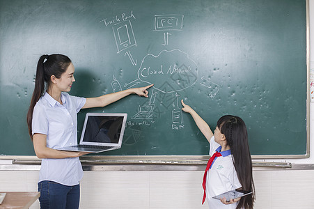 女老师和女同学在学校用电子产品上课高清图片