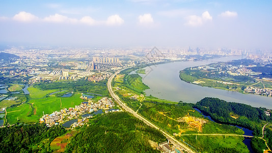 云水瑶土楼城市道路绿化云朵航拍天际线背景