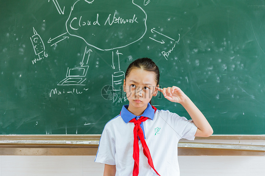 小学教室黑板前女生在思考图片