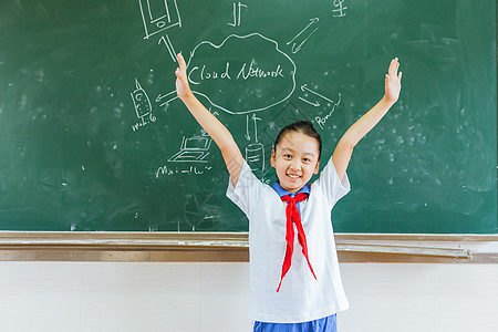 小学教室女生黑板前欢呼图片