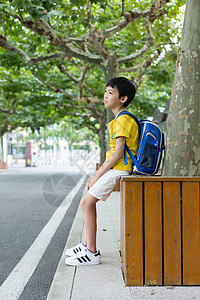 校园林荫道坐着等待家长的小学生图片