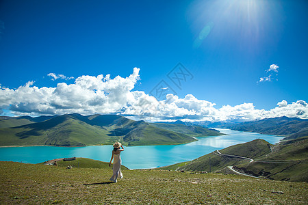草原旅行艺术字羊卓雍措西藏羊湖背景