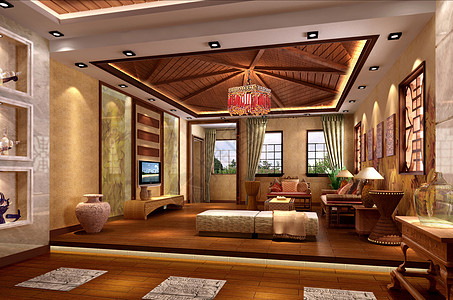 实木线条泰式客厅效果图背景