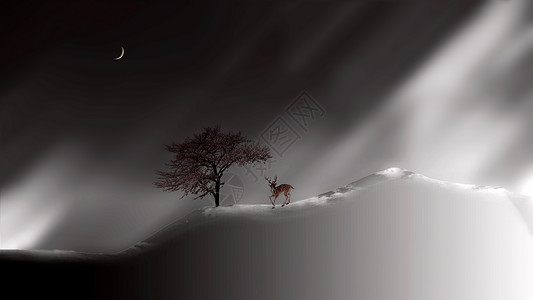 夜空树山坡上的小动物背景