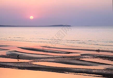 夏手绘夕阳下的海边美景背景