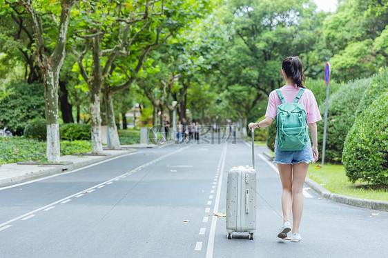 校园内女生拉旅行箱背影图片