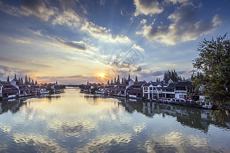 中国元素夕阳下的江南古镇小桥流水背景