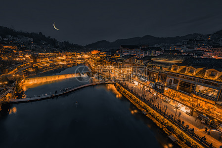 水墨古镇凤凰古城月亮夜景背景