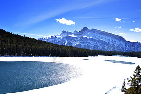加拿大班夫国家公园雪山Lake Minnewanka背景
