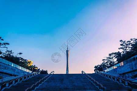 夜景飞机夕阳下的珠江新城背景