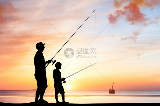 河边钓鱼的父女图片