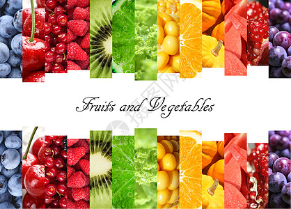 黄瓜丝水果和蔬菜拼接的色彩图设计图片