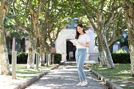 校园里站在树荫下看书的女生高清图片