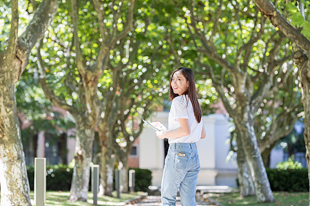 走在校园林荫道下的甜美女生高清图片