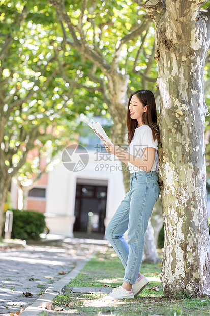 校园里靠在大树边看书的女生图片