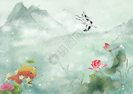 梦幻荷花中国风山水背景设计图片