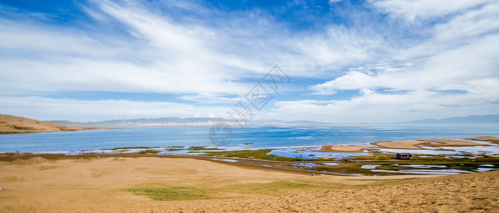 沙漠之湖蓝天白云青海湖全景背景