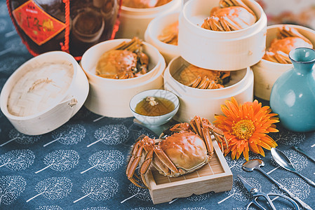 中国风菊花传统秋天美食大闸蟹背景