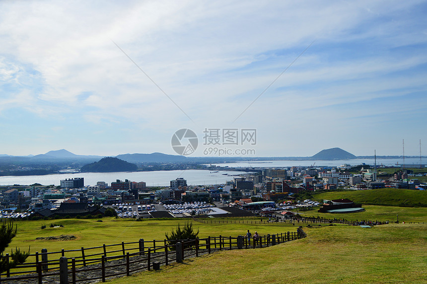 韩国济州岛城山日出峰观景台俯视唯美风景图片