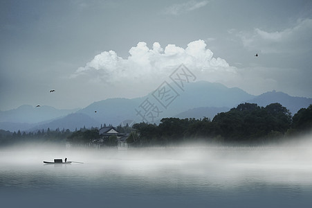 水面上的船水墨江南画卷背景