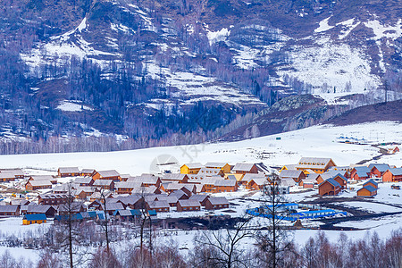 冰雪小镇新疆喀纳斯景区禾木村背景