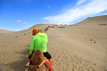 敦煌鸣沙山驼队行驶沙漠中图片