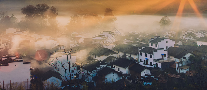 婺源建筑婺源石城秋色山村晨雾景观背景