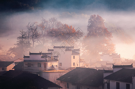 婺源石城秋色山村晨雾景观高清图片