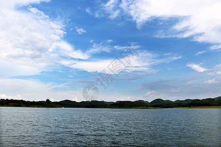 青山绿树湖水 蓝天白云背景