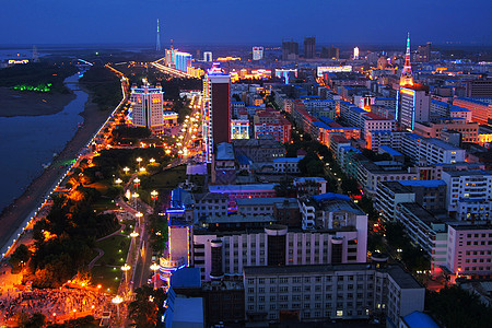 黑河城市俯瞰黑河城市夜景背景