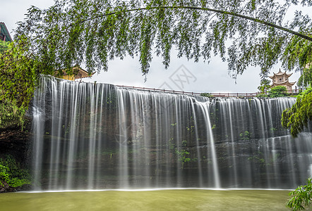 瀑布插画蜀南竹海七彩飞瀑背景