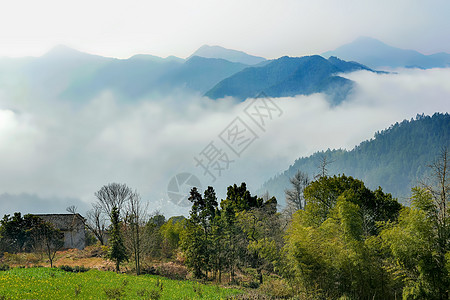 自然美景安徽石潭云雾晨雾美景背景