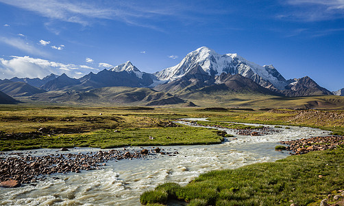 生态旅游西藏高原上蜿蜒的河流与雪山背景