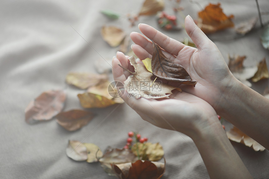 手捧枯叶秋意背景素材图片