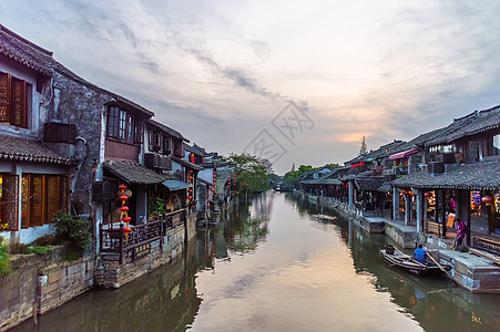 江南水乡西塘天空落日背景图片