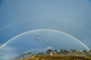 冰岛小红房双道彩虹图片