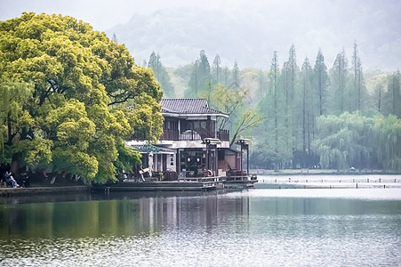 杭州插画湖边别墅背景背景