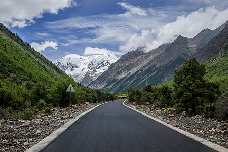 户外徒步西藏高原群山中的公路背景