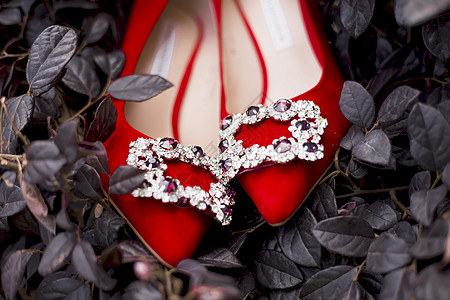 婚礼高跟鞋草丛里的红鞋背景