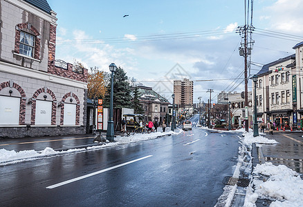 日本北海道雪景北海道小樽下雪街道背景